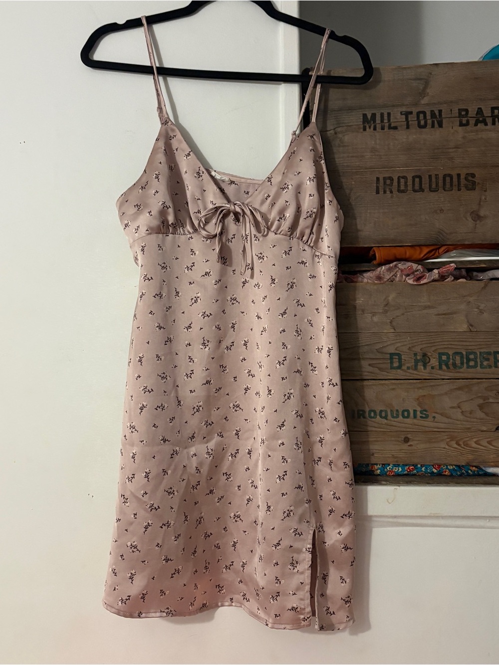 Garage Dusty Pink Floral Satin Mini Dress with Tie Detail Size Medium